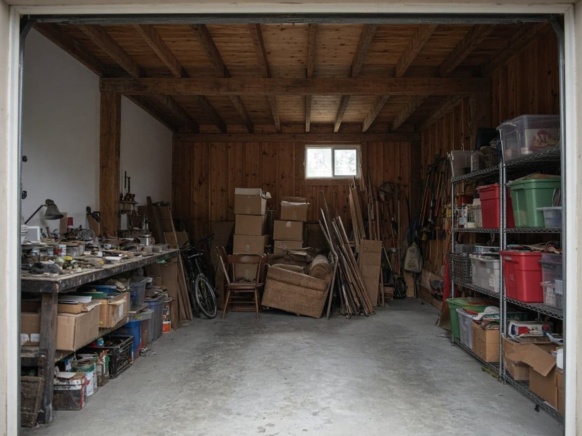 Cluttered Lynn Valley garage packed with stored projects before NorthPeak cleanout